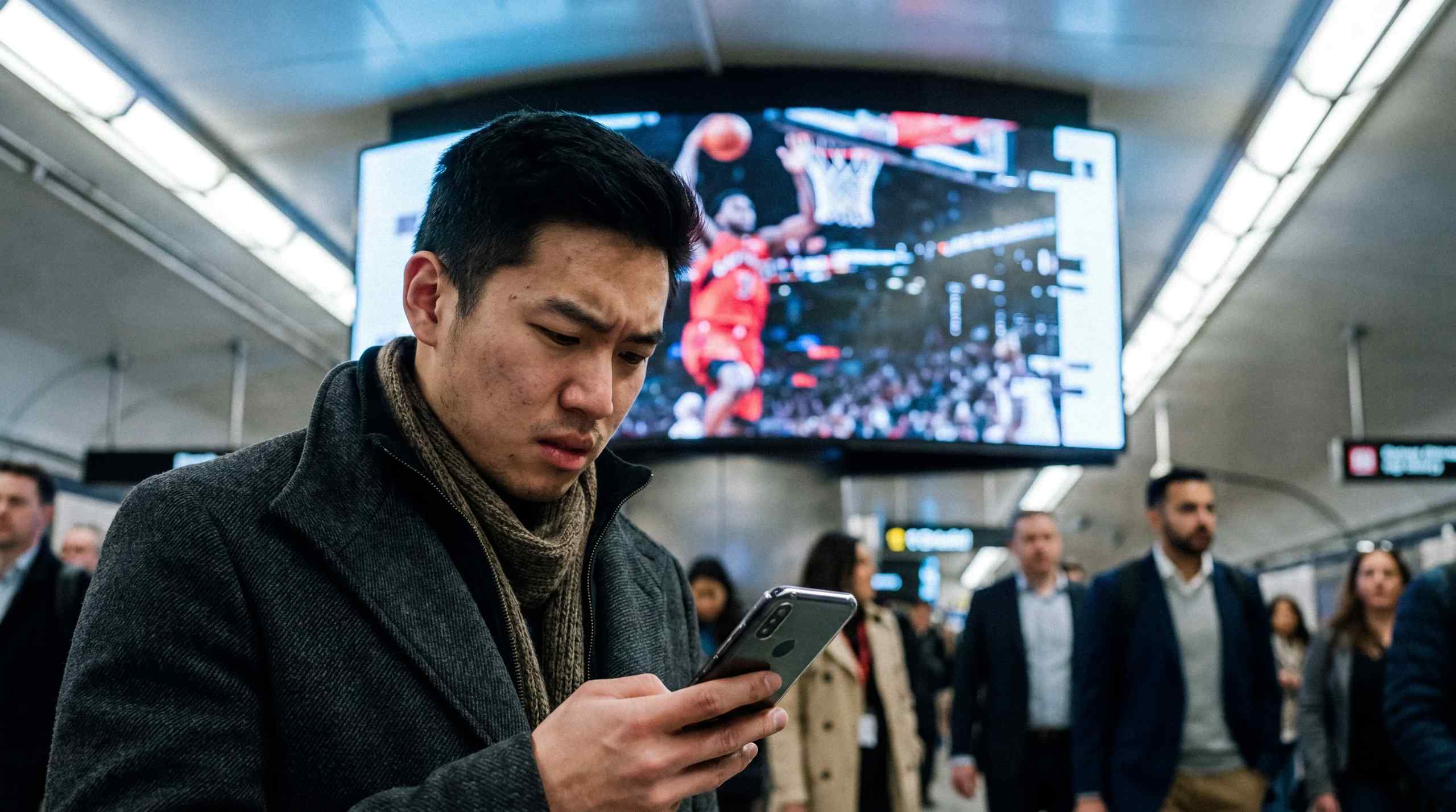 A man checking his phone with a basketball game playing in the background.